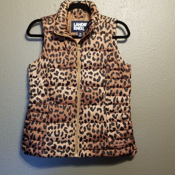 Lands' End XS Vest Jacket Down Puffer Cheetah Animal Print Quilted Mob Wife Boho - Picture 1 of 11